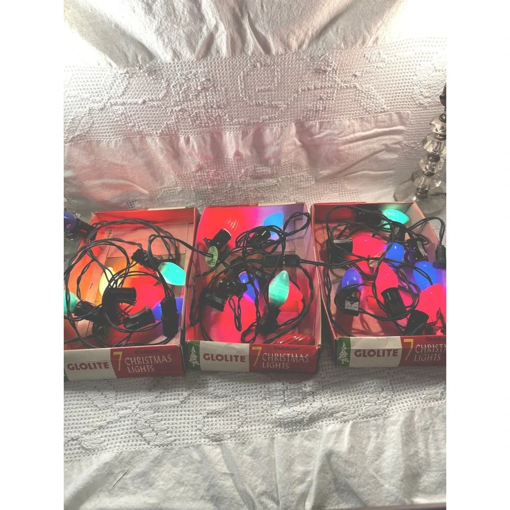 Vintage Glolite Christmas Lights 3 Sets 7 Outdoor Multi Color Bulbs All Working